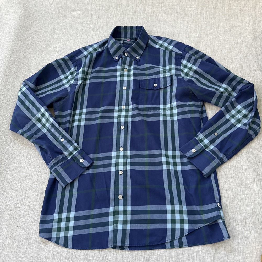 Vineyard Vines‎ Shirt Men's Large Performance Slim Fit Crosby Blue Green Plaid